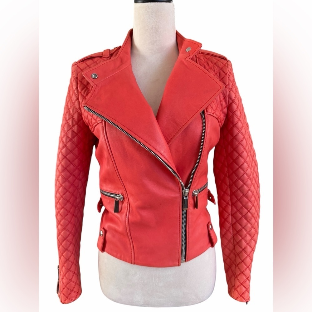 Barbara Bui RARE Coral Lambskin Leather Quilted Sleeves Moto Jacket